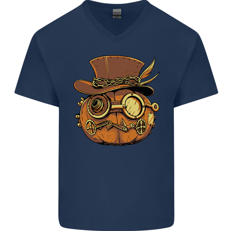 Steampunk Pumpkin Halloween Mens V-Neck Cotton T-Shirt Navy Blue