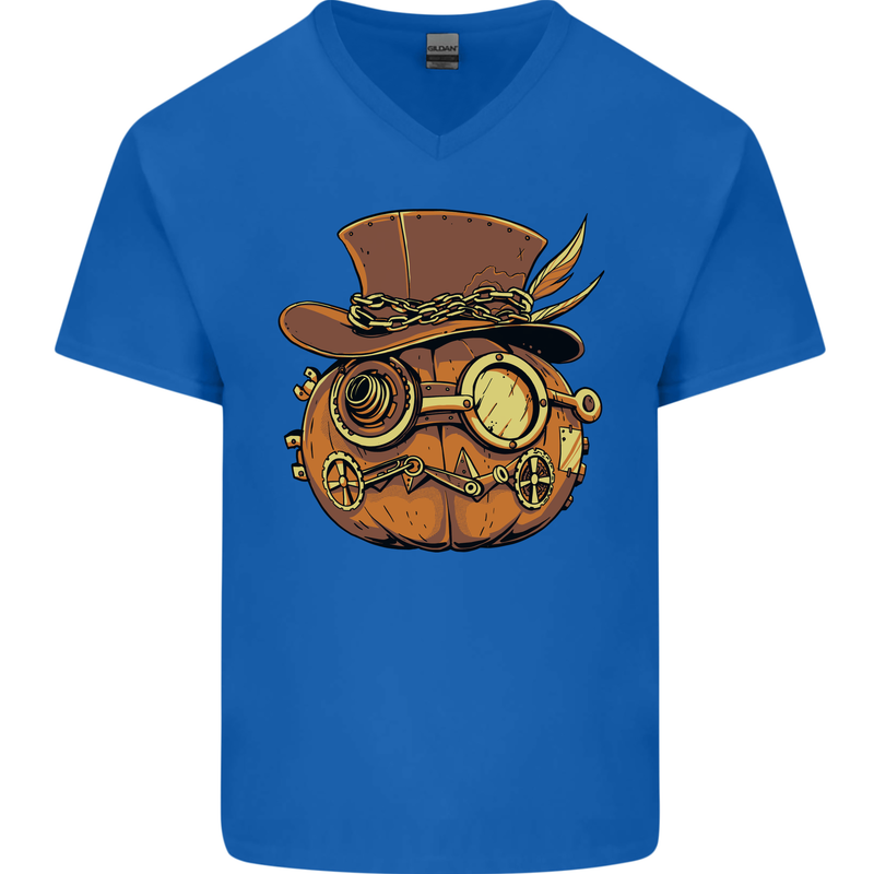 Steampunk Pumpkin Halloween Mens V-Neck Cotton T-Shirt Royal Blue