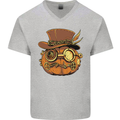 Steampunk Pumpkin Halloween Mens V-Neck Cotton T-Shirt Sports Grey