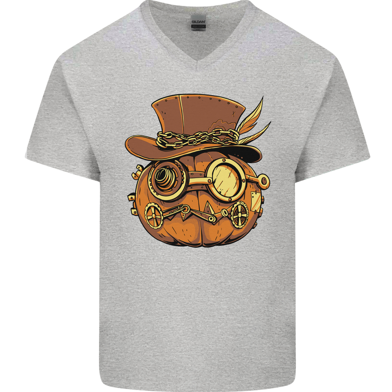 Steampunk Pumpkin Halloween Mens V-Neck Cotton T-Shirt Sports Grey