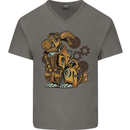 Steampunk Rabbit Mens V-Neck Cotton T-Shirt Charcoal