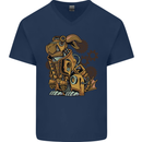 Steampunk Rabbit Mens V-Neck Cotton T-Shirt Navy Blue