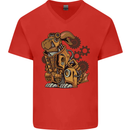 Steampunk Rabbit Mens V-Neck Cotton T-Shirt Red