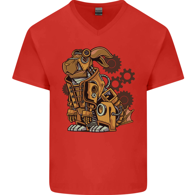 Steampunk Rabbit Mens V-Neck Cotton T-Shirt Red