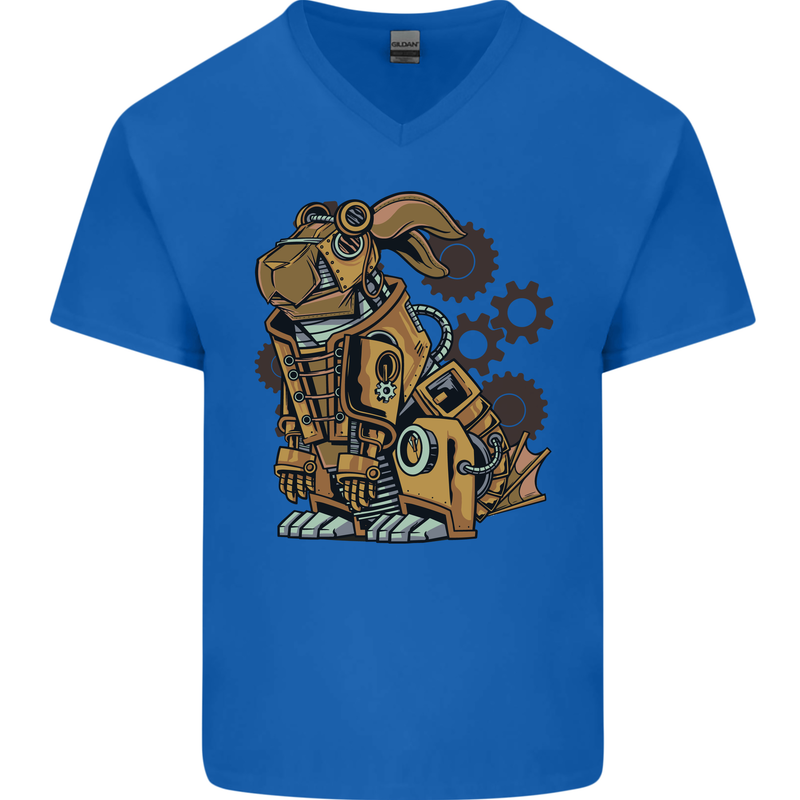 Steampunk Rabbit Mens V-Neck Cotton T-Shirt Royal Blue
