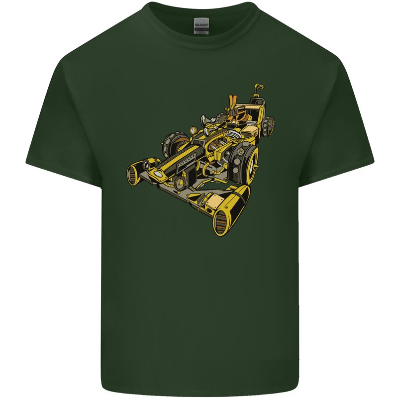 Steampunk Racing Car Mens Cotton T-Shirt Tee Top Forest Green