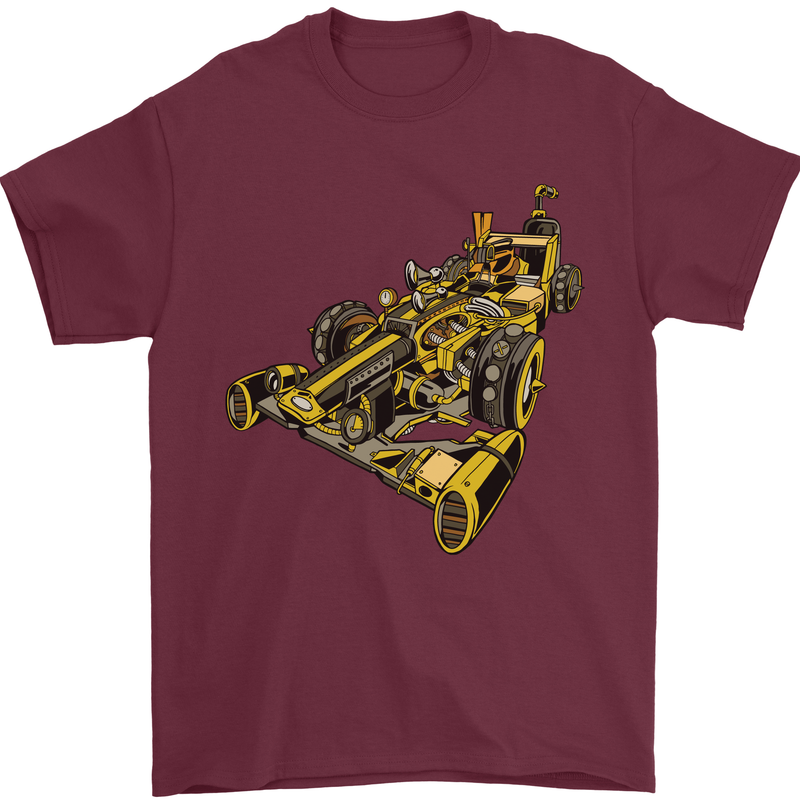 Steampunk Racing Car Mens T-Shirt Cotton Gildan Maroon