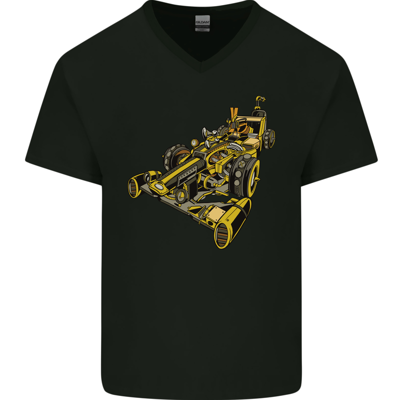 Steampunk Racing Car Mens V-Neck Cotton T-Shirt Black