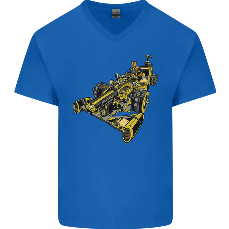 Steampunk Racing Car Mens V-Neck Cotton T-Shirt Royal Blue