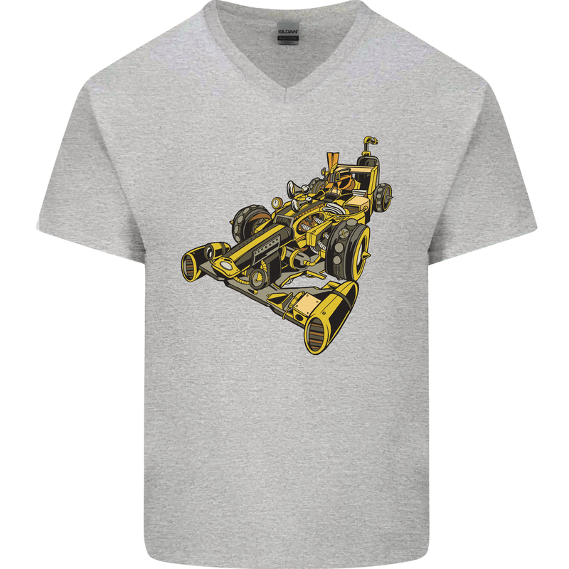 Steampunk Racing Car Mens V-Neck Cotton T-Shirt Sports Grey