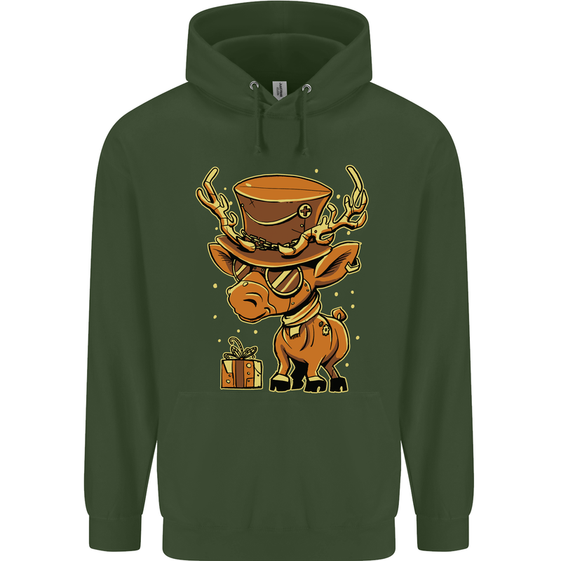 Steampunk Reindeer Funny Christmas Childrens Kids Hoodie Forest Green