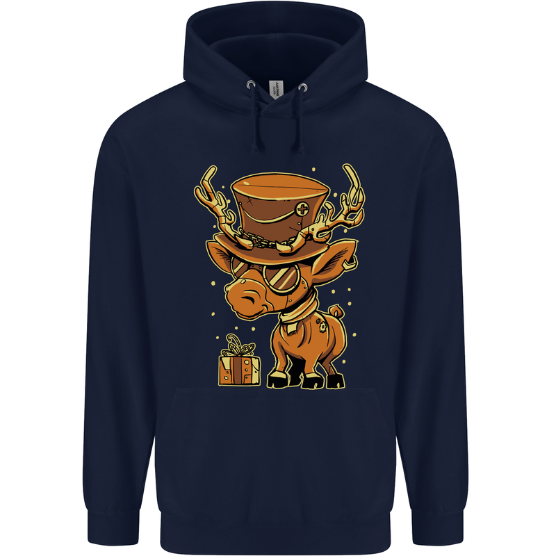 Steampunk Reindeer Funny Christmas Childrens Kids Hoodie Navy Blue