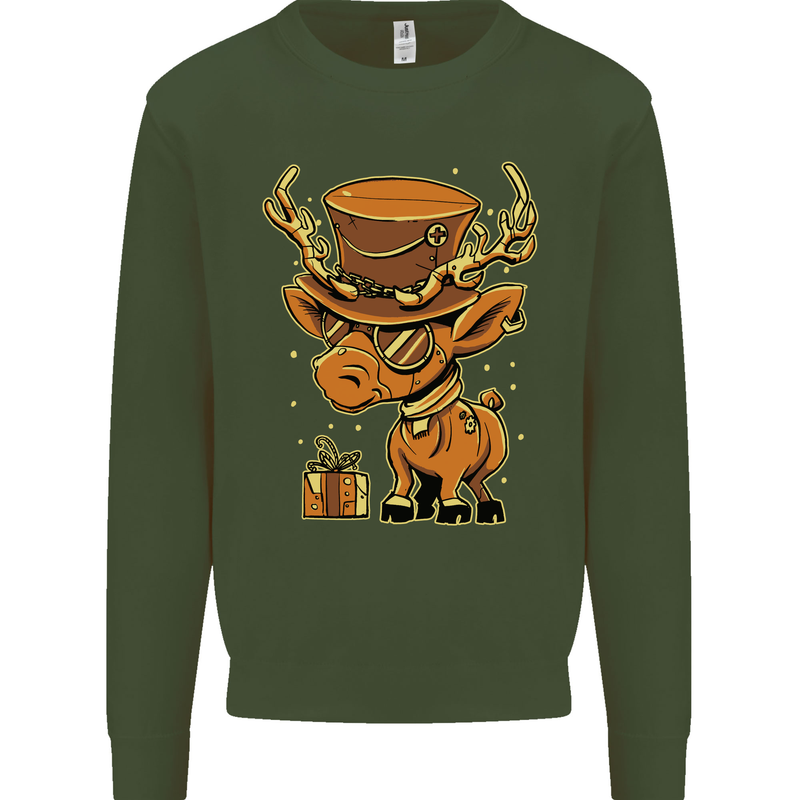 Steampunk Reindeer Funny Christmas Kids Sweatshirt Jumper Forest Green
