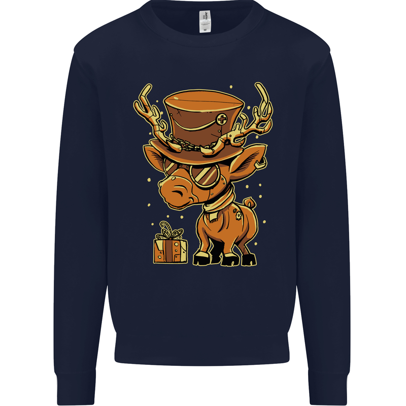 Steampunk Reindeer Funny Christmas Kids Sweatshirt Jumper Navy Blue