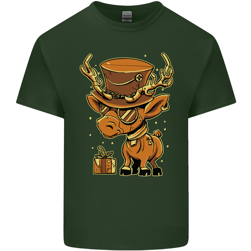Steampunk Reindeer Funny Christmas Mens Cotton T-Shirt Tee Top Forest Green