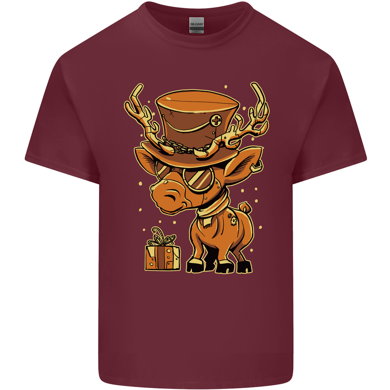 Steampunk Reindeer Funny Christmas Mens Cotton T-Shirt Tee Top Maroon