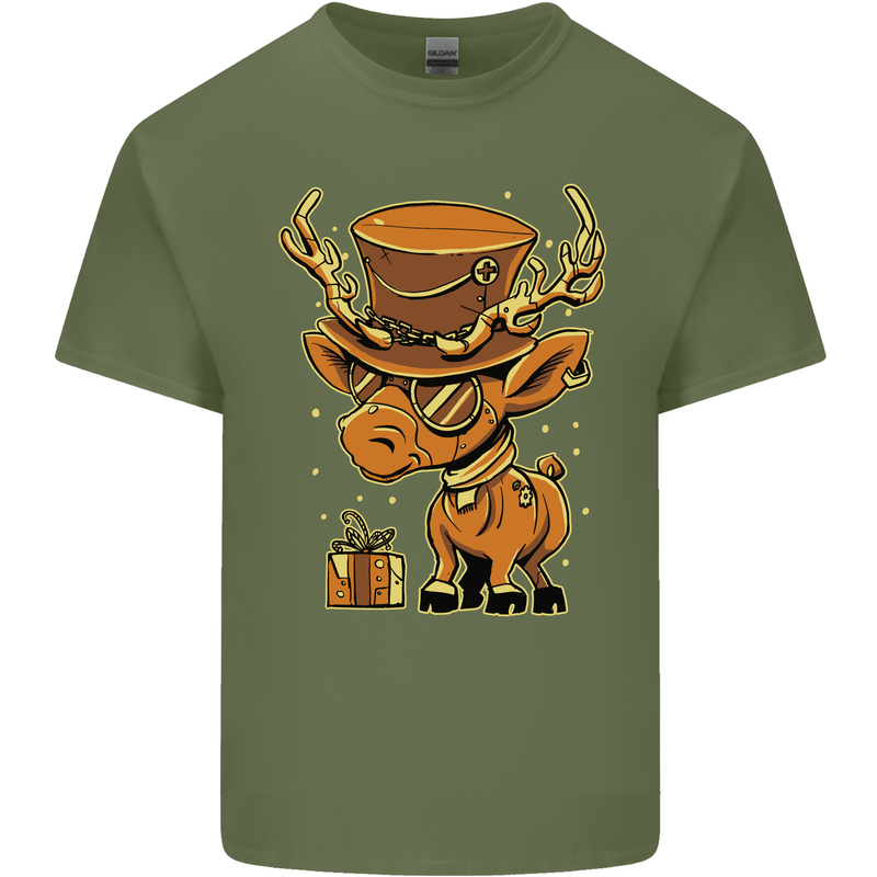 Steampunk Reindeer Funny Christmas Mens Cotton T-Shirt Tee Top Military Green