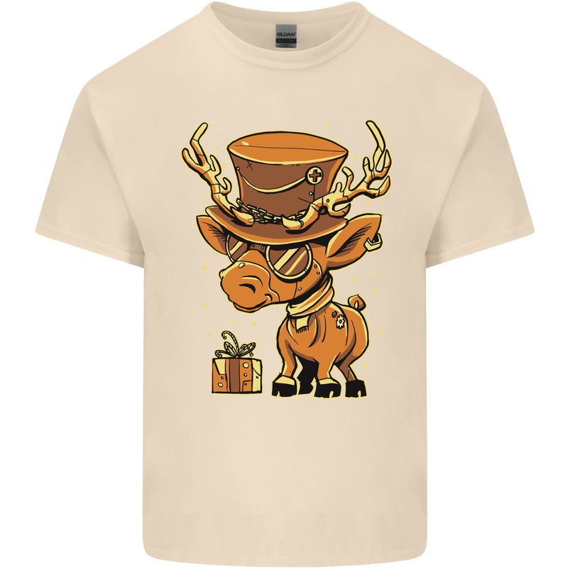 Steampunk Reindeer Funny Christmas Mens Cotton T-Shirt Tee Top Natural
