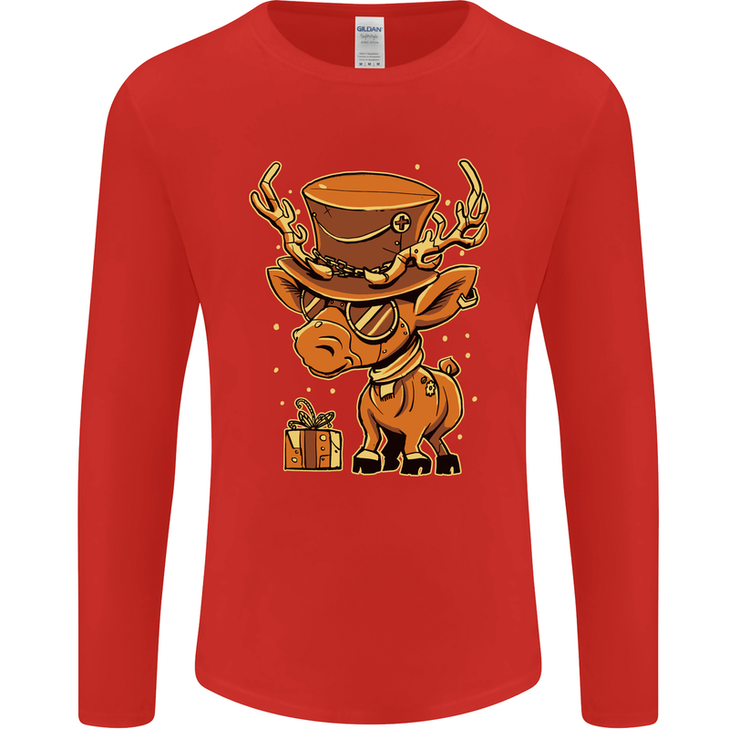 Steampunk Reindeer Funny Christmas Mens Long Sleeve T-Shirt Red
