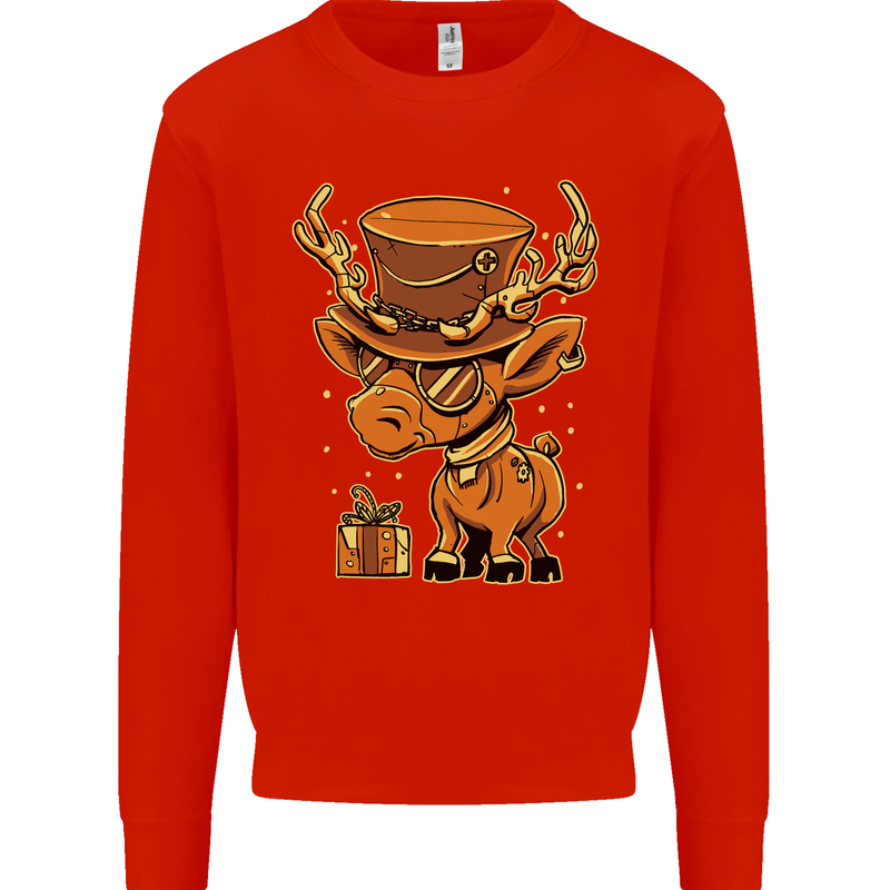 Steampunk Reindeer Funny Christmas Mens Sweatshirt Jumper Bright Red