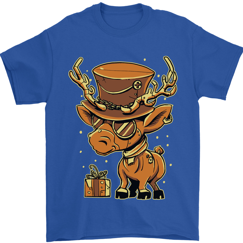 Steampunk Reindeer Funny Christmas Mens T-Shirt 100% Cotton Royal Blue