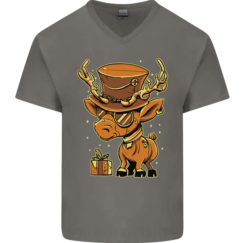 Steampunk Reindeer Funny Christmas Mens V-Neck Cotton T-Shirt Charcoal