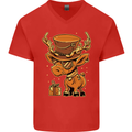 Steampunk Reindeer Funny Christmas Mens V-Neck Cotton T-Shirt Red