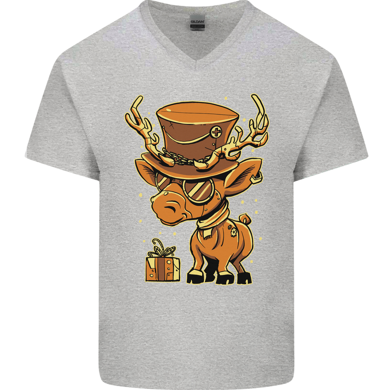 Steampunk Reindeer Funny Christmas Mens V-Neck Cotton T-Shirt Sports Grey