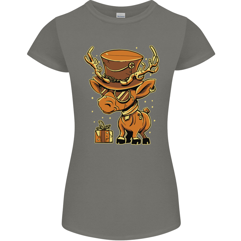 Steampunk Reindeer Funny Christmas Womens Petite Cut T-Shirt Charcoal