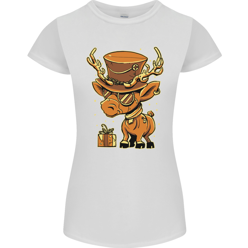 Steampunk Reindeer Funny Christmas Womens Petite Cut T-Shirt White