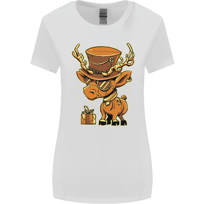 Steampunk Reindeer Funny Christmas Womens Wider Cut T-Shirt White