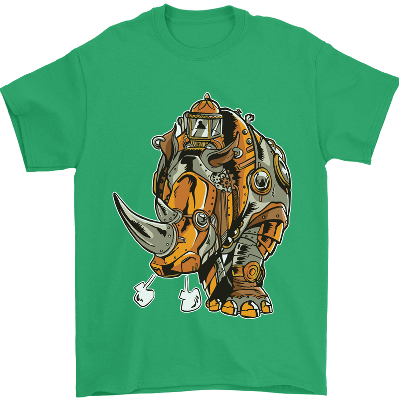 Steampunk Rhino Rhinoceros Mens T-Shirt Cotton Gildan Irish Green