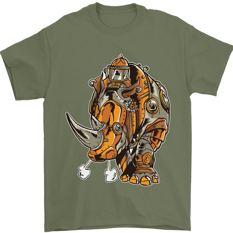 Steampunk Rhino Rhinoceros Mens T-Shirt Cotton Gildan Military Green