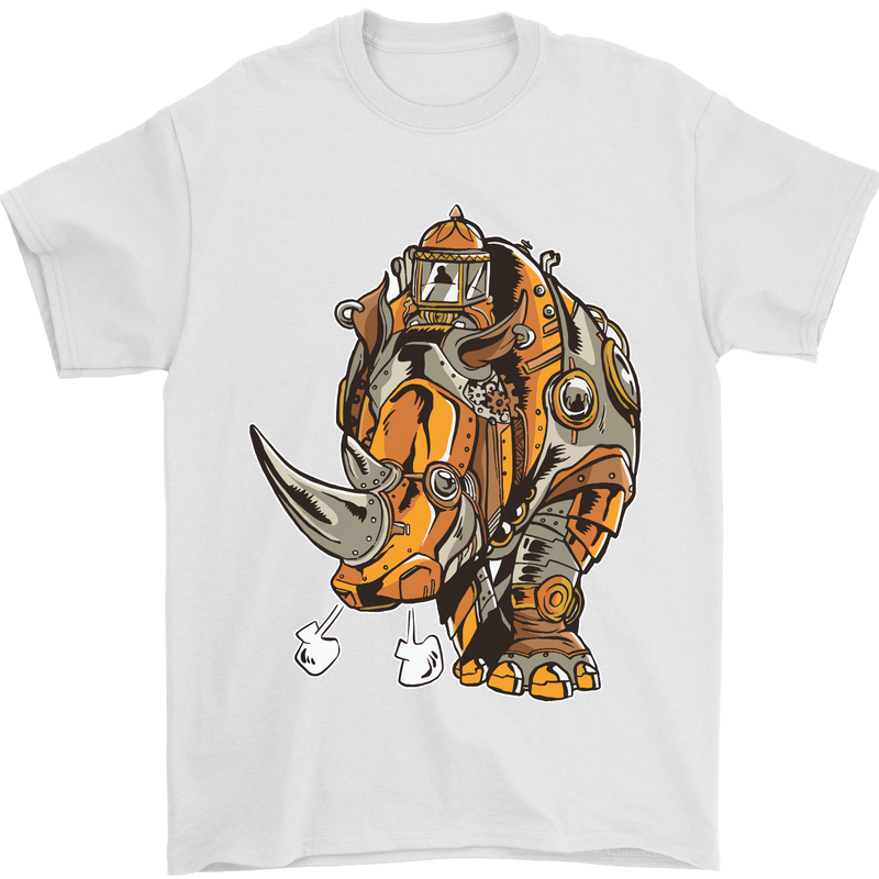 Steampunk Rhino Rhinoceros Mens T-Shirt Cotton Gildan White