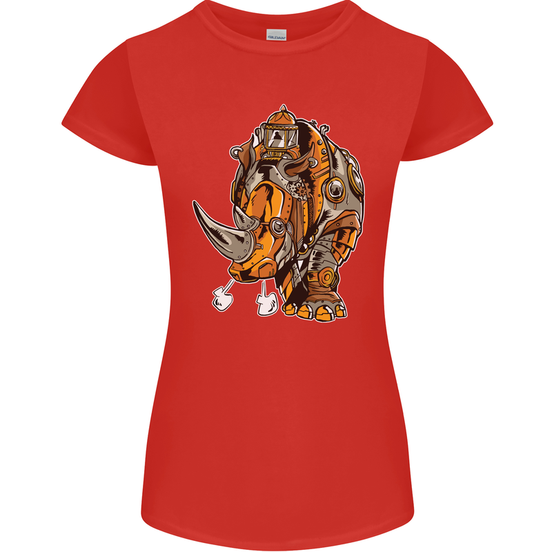 Steampunk Rhino Rhinoceros Womens Petite Cut T-Shirt Red