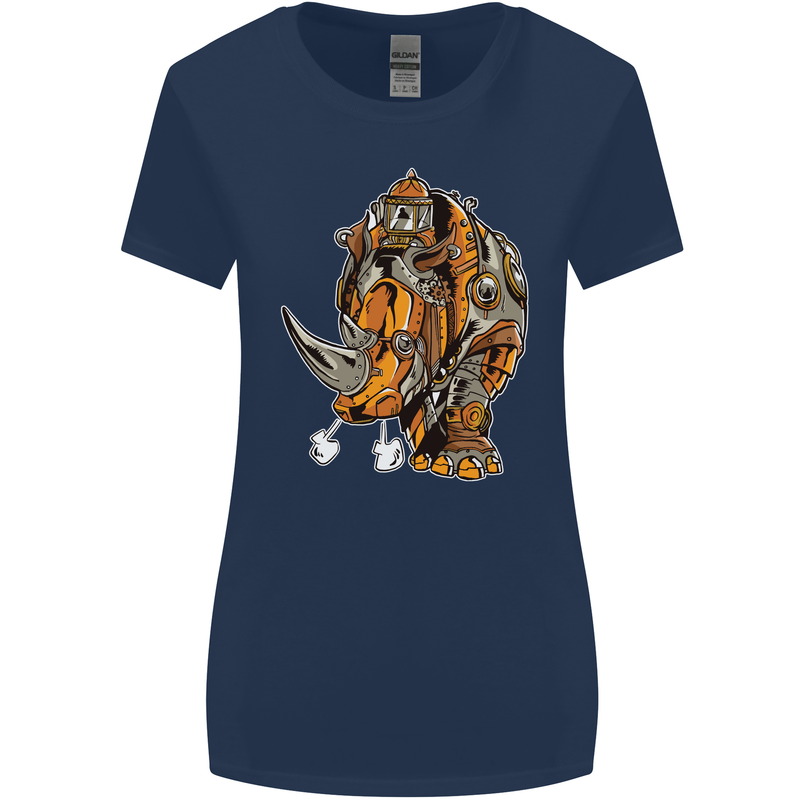 Steampunk Rhino Rhinoceros Womens Wider Cut T-Shirt Navy Blue