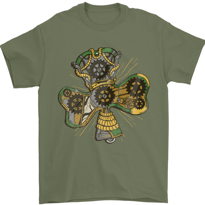 Steampunk Shamrock Mens T-Shirt Cotton Gildan Military Green