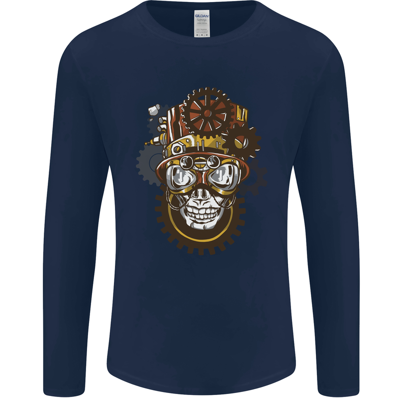 Steampunk Skull Mens Long Sleeve T-Shirt Navy Blue