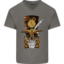 Steampunk Skull Mens V-Neck Cotton T-Shirt Charcoal