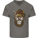 Steampunk Skull Mens V-Neck Cotton T-Shirt Charcoal