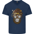 Steampunk Skull Mens V-Neck Cotton T-Shirt Navy Blue