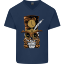 Steampunk Skull Mens V-Neck Cotton T-Shirt Navy Blue