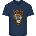 Steampunk Skull Mens V-Neck Cotton T-Shirt Navy Blue