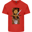 Steampunk Skull Mens V-Neck Cotton T-Shirt Red