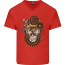 Steampunk Skull Mens V-Neck Cotton T-Shirt Red