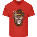 Steampunk Skull Mens V-Neck Cotton T-Shirt Red
