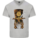 Steampunk Skull Mens V-Neck Cotton T-Shirt Sports Grey