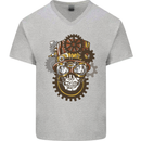 Steampunk Skull Mens V-Neck Cotton T-Shirt Sports Grey