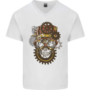 Steampunk Skull Mens V-Neck Cotton T-Shirt White