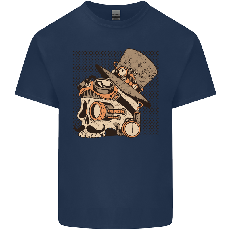 Steampunk Skull With Moustache Kids T-Shirt Childrens Navy Blue